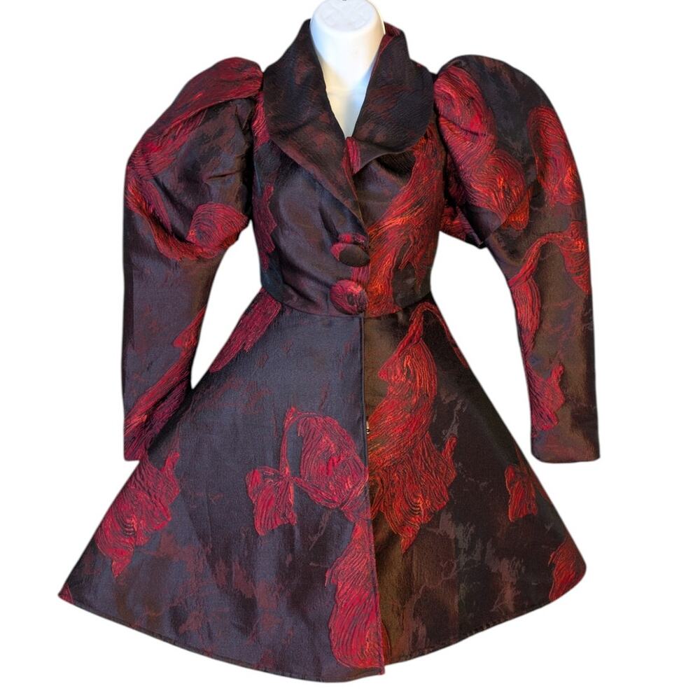 Vintage 80s Issabeau Girls Brocade Party Coat Dress Red Black Jacquard Fit Flare